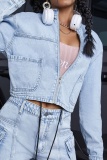 Casual Solid Patchwork Zipper Collar Long Sleeve Regular Denim Jacket