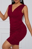 Casual Solid Fold V Neck Wrapped Skirt Dresses