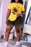 Casual Print Basic O Neck Short Sleeve Two Pieces