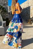Sexy Vacation Print Patchwork Backless Spaghetti Strap Sleeveless Two Pieces
