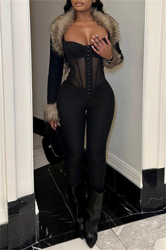 Sexy Solid Patchwork See-through Backless Spaghetti Strap Skinny Jumpsuits