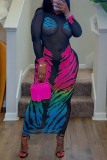 Sexy Print See-through O Neck Long Dresses
