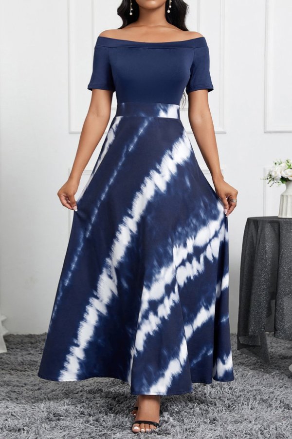 Casual Print Patchwork Off the Shoulder Long Dresses