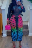Sexy Print See-through O Neck Long Dresses