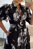 Casual Print Patchwork Turndown Collar Long Dresses