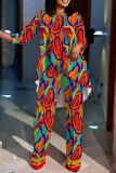 Casual Print Asymmetrical O Neck Plus Size Two Pieces