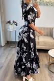 Casual Print Patchwork Turndown Collar Long Dresses
