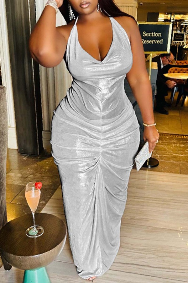 Sexy Solid Bandage Backless Fold Halter Long Plus Size Dresses