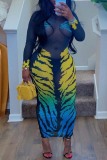 Sexy Print See-through O Neck Long Dresses