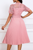Elegant Solid Hollowed Out Patchwork With Belt Pleated O Neck A Line Dresses