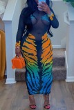 Sexy Print See-through O Neck Long Dresses