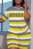 Casual Letter Striped Print Basic O Neck Plus Size Two Pieces