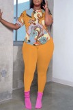 Casual Print Basic O Neck Short Sleeve Two Pieces