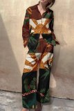 Casual Print Patchwork Buttons Turndown Collar Long Sleeve Two Pieces