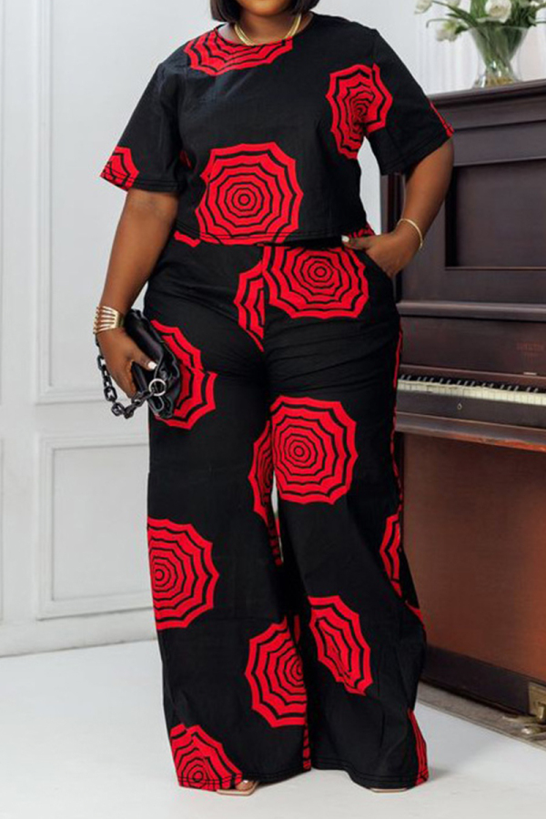 Casual Print Patchwork O Neck Plus Size Two Pieces