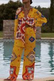 Casual Print Patchwork Buttons Turndown Collar Long Sleeve Two Pieces