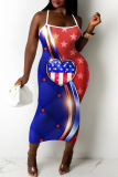 Flag Stars Print Backless Sleeveless Bodycon Cami Maxi Dress