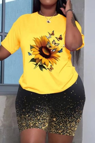 Casual Print Basic O Neck Short Sleeve Two Pieces