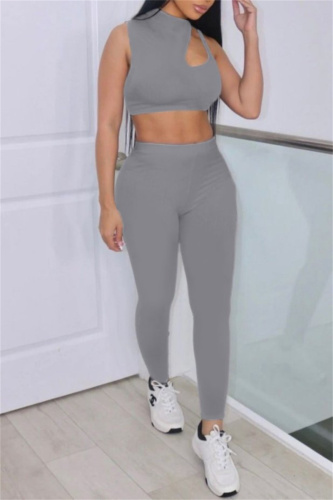 Casual Solid Hollowed Out Half A Turtleneck Sleeveless Two Pieces