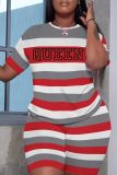 Casual Letter Striped Print Basic O Neck Plus Size Two Pieces