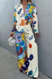 Casual Print Patchwork Buttons Turndown Collar Long Sleeve Two Pieces
