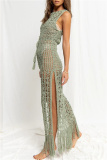 Casual Solid Tassel Hollowed Out See-through Slit O Neck Beach Dresses
