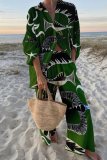 Casual Print Patchwork Buttons Turndown Collar Long Sleeve Two Pieces