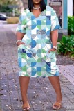 Casual Print Patchwork Pocket V Neck Short Sleeve Short Sleeve Dress