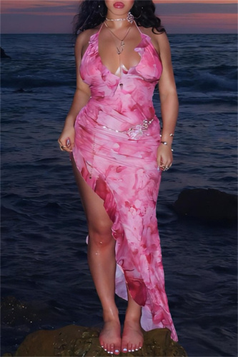 Sexy Print Bandage Backless Slit Halter Long Dresses
