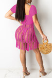 Crochet Deep V Neck Tassel Hollow Out Vacation Beach Mini Dress