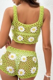 Sexy Patchwork Flowers Hollowed Out See-through Backless Weave Swimwears