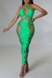 Sleeveless Halter Crossover Hollowed Out Party Wear Vacation Bodycon Midi Dress