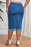 Casual Solid Tassel Patchwork Plus Size High Waist Denim Skirt