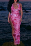 Sexy Print Bandage Backless Slit Halter Long Dresses