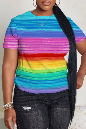 Rainbow Casual Striped Round Neck T-shirts Tops