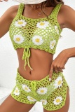 Sexy Patchwork Flowers Hollowed Out See-through Backless Weave Swimwears