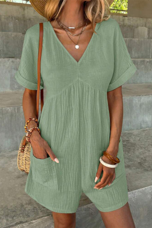 Casual Simplicity Solid Pocket V Neck Loose Rompers