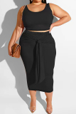 Sexy Solid Bandage Patchwork U Neck Pencil Skirt Plus Size Two Pieces