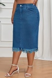 Casual Solid Tassel Patchwork Plus Size High Waist Denim Skirt