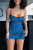 Sexy Print Leopard Patchwork Backless Spaghetti Strap Wrapped Skirt Dresses
