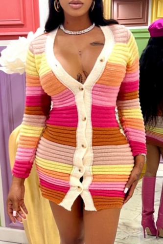 Casual Patchwork Buttons Contrast V Neck Long Sleeve Dresses