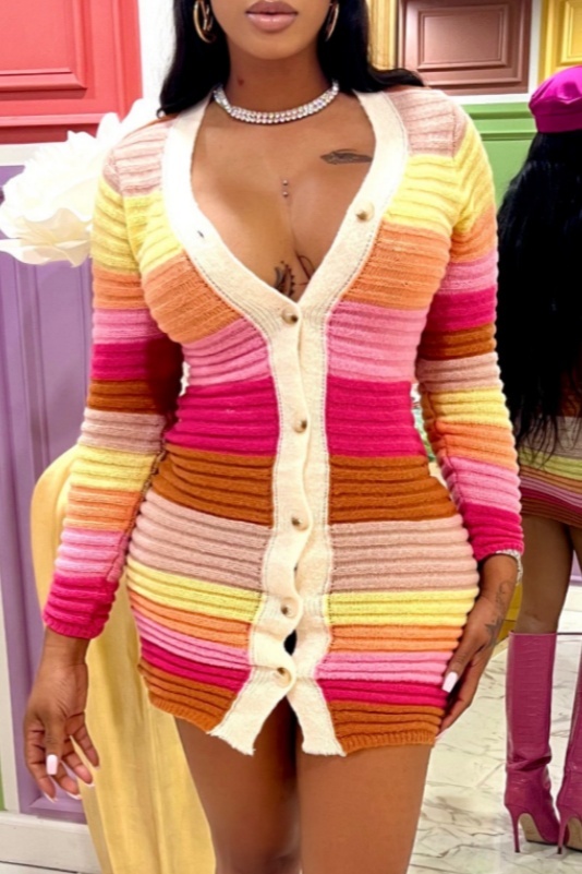 Casual Patchwork Buttons Contrast V Neck Long Sleeve Dresses