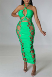 Sexy Solid Bandage Hollowed Out Backless Fold Halter Long Dresses