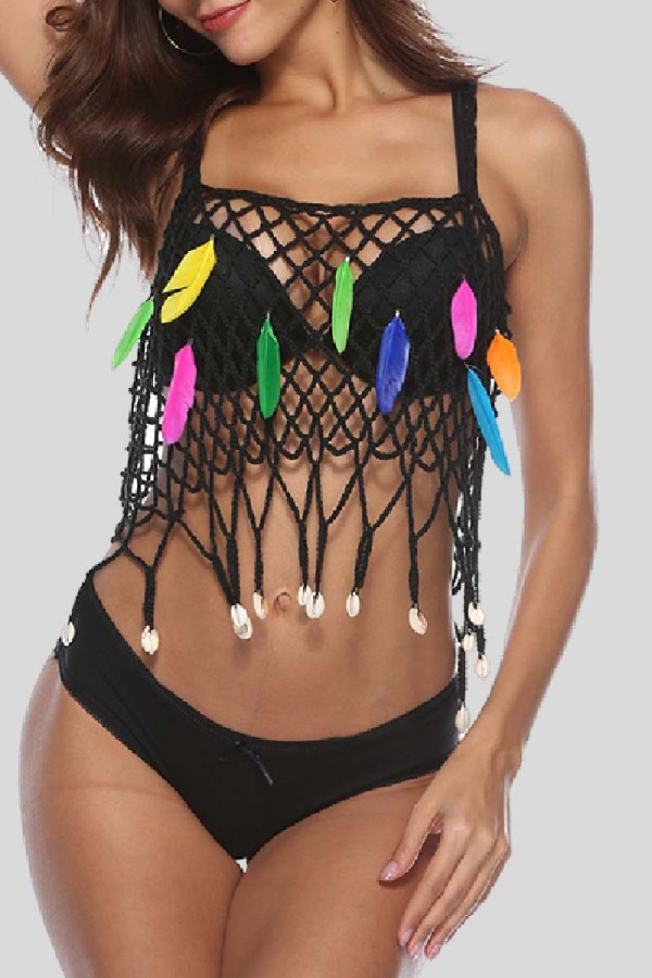 Sexy Patchwork Tassel Hollowed Out See-through Backless Swimwears Cover Up