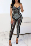 Sexy Casual Street Daily Party Hot Drill Rhinestone Spaghetti Strap Skinny Jumpsuits