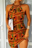 Casual Print Hollowed Out Basic O Neck Sleeveless Dresses