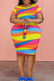 Plus Size Rainbow Colorful Belted Round Neck Midi Wrapped Skirt Pencil Dresses