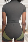Street Patchwork Zipper O Neck Short Sleeve Two Pieces