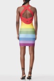 Sexy Casual Gradient Patchwork Backless U Neck Wrapped Skirt Dresses