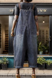 Casual Patchwork Pocket Spaghetti Strap Sleeveless Regular Denim Jumpsuit